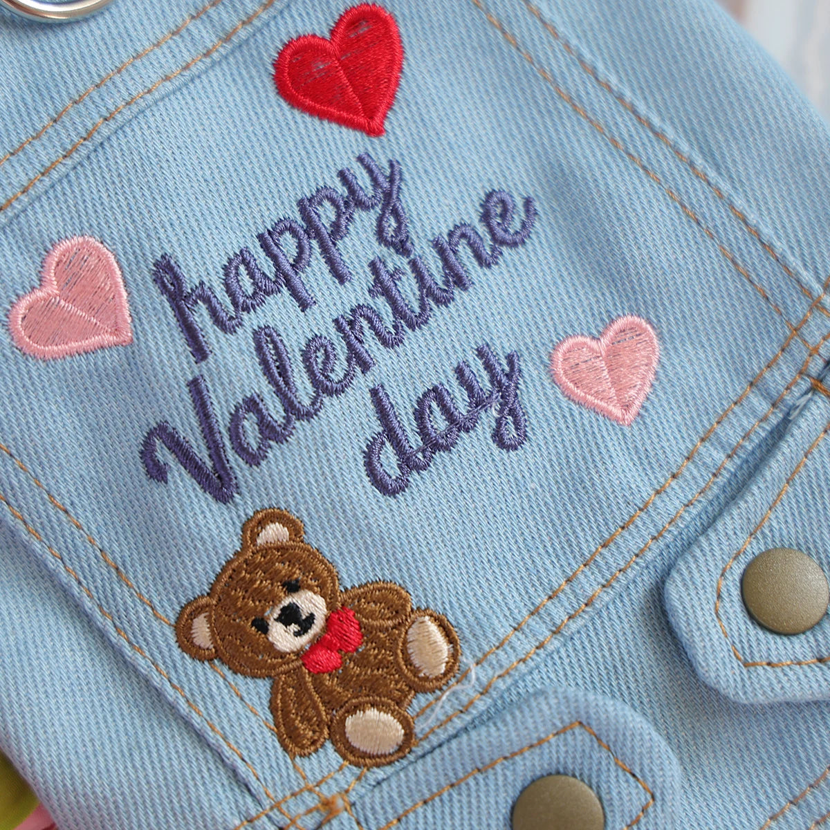 Valentine's Day Teddy Bear Pet Denim Vest, Light Blue with D-Ring, Sleeveless Button Jacket for Small Dogs & Cats, Spring/Summer