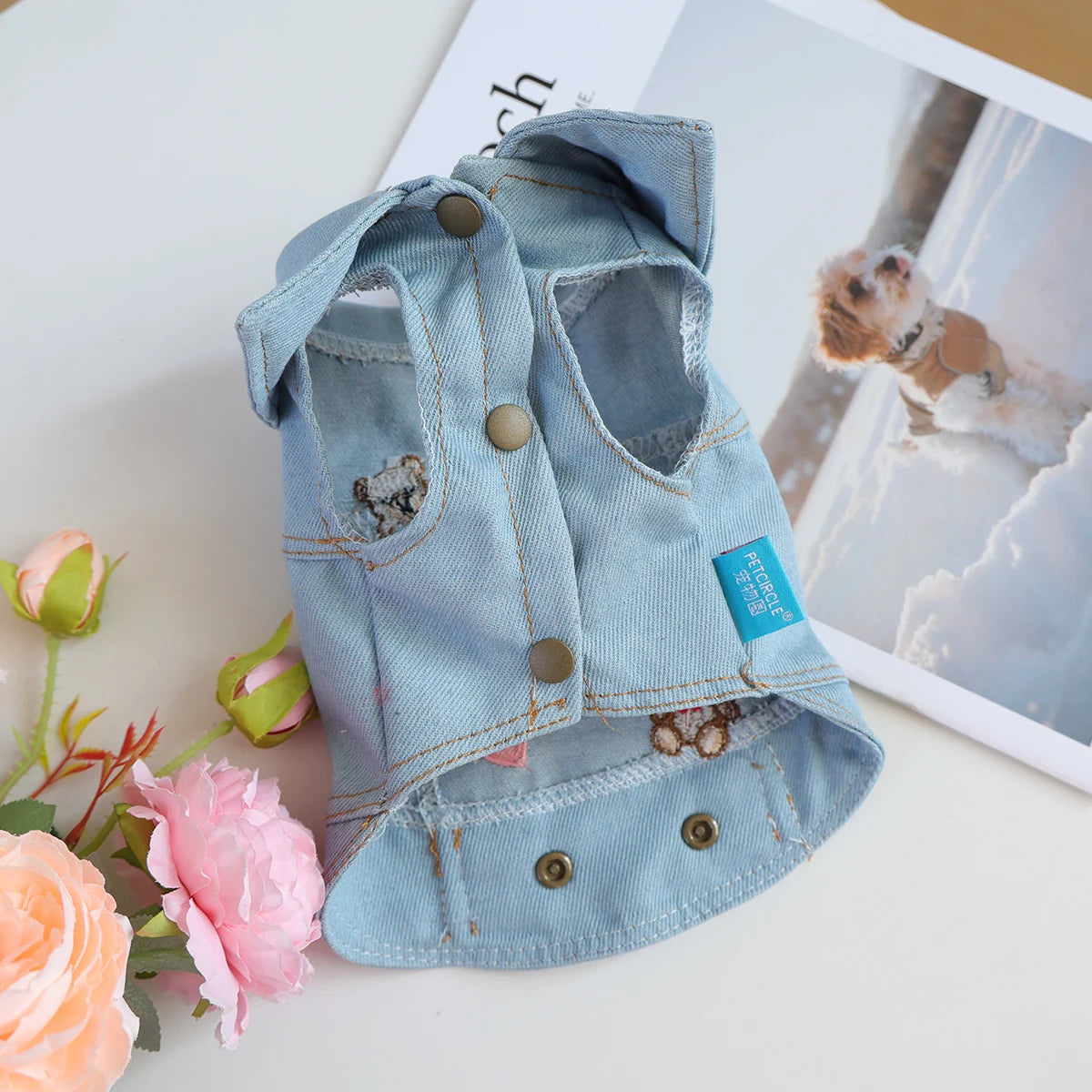 Valentine's Day Teddy Bear Pet Denim Vest, Light Blue with D-Ring, Sleeveless Button Jacket for Small Dogs & Cats, Spring/Summer